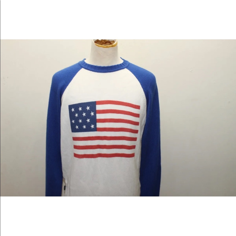 Terranova Men Crew Neck Cable Knit USA Flag Long Sleeve Large White